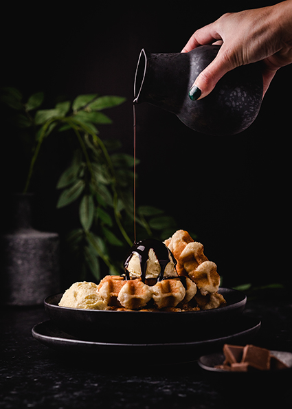 waffles with pouring chocolate