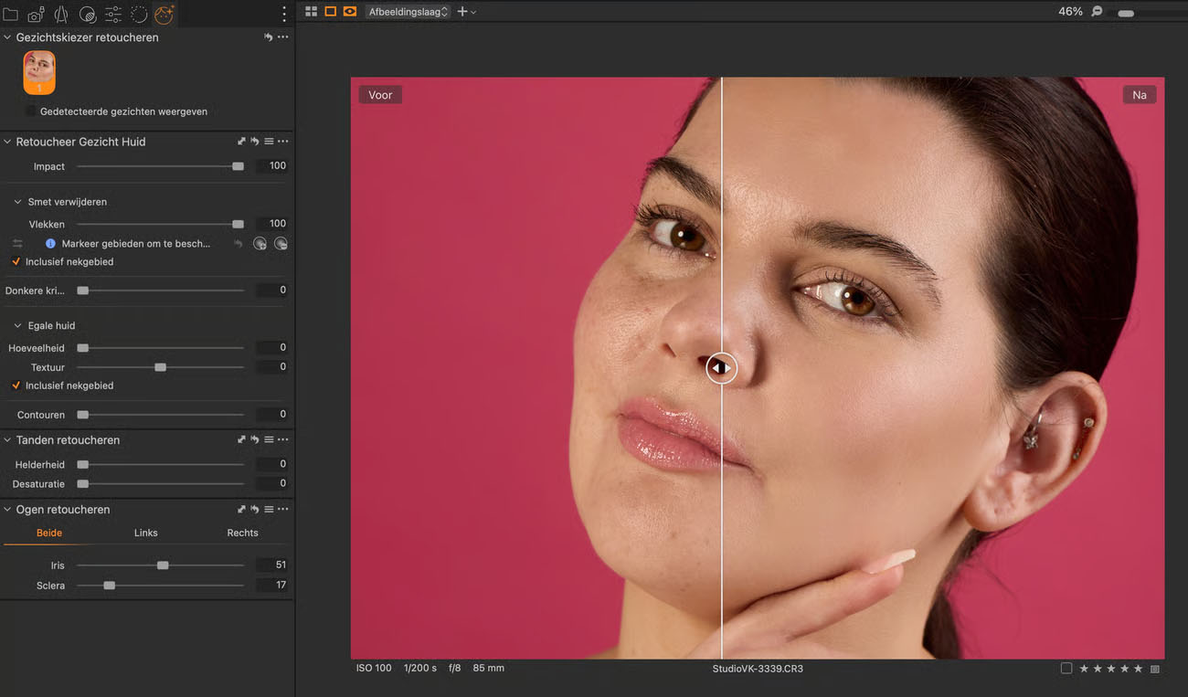 Gezichten retoucheren met Capture One, voor en na